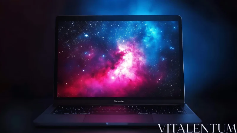 Nebula-lit laptop screen in dark studio glow at night.