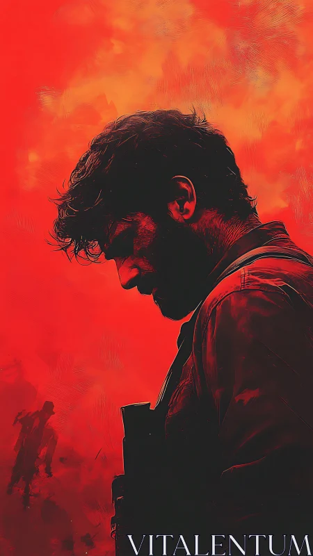 Solitary soldier silhouette amid intense crimson haze.