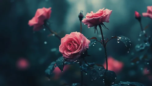 Pink roses with water droplets against teal background.