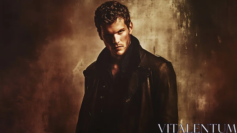 Moody male portrait in leather coat against grunge backdrop