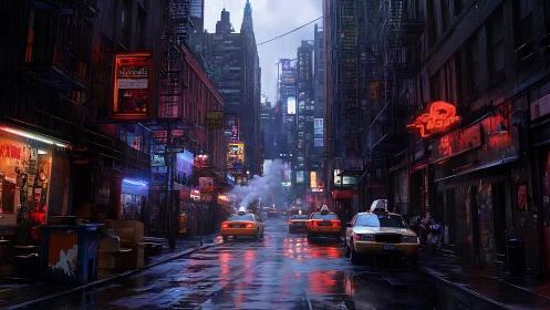 Rainy neon city street with yellow taxis at night.