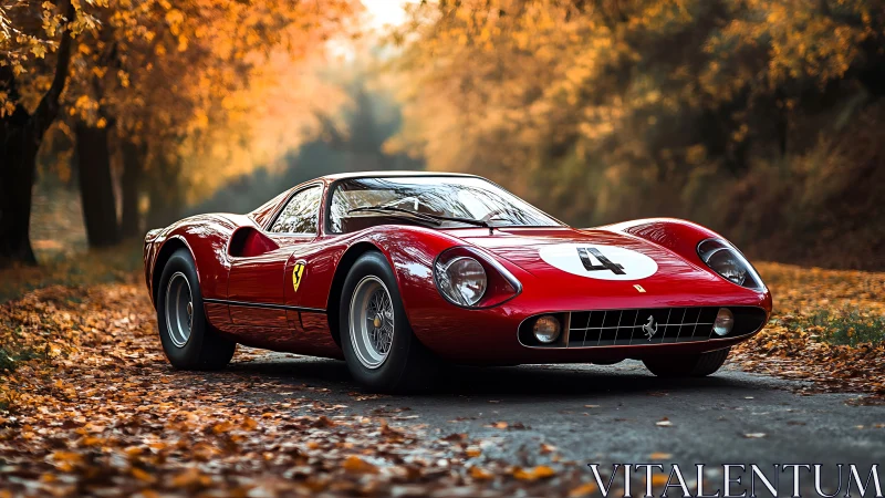 Photorealistic autumn road portrait of classic red race car.