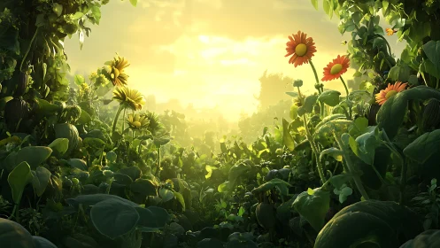 Sunlit wildflower clearing in dense green garden foliage.