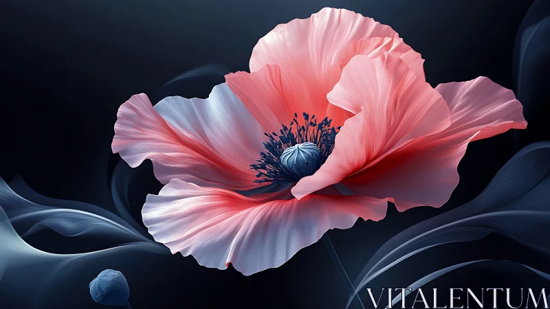 Coral poppy bloom opens against deep blue abstract background