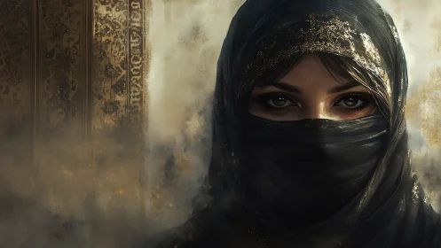 Veiled woman’s gaze emerges from textured, smoke-laden backdrop