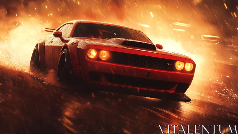 Muscle car drifts through wet city street under blazing rain