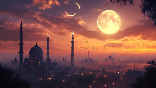 Dreamy moonlit skyline over tranquil misty minarets.