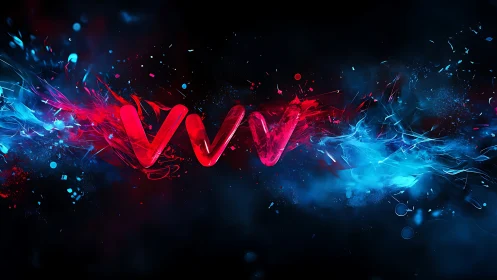 Red VVV logo with abstract red and blue energy bursts.