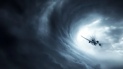 Jetliner dives toward a stormlit vortex in churning clouds.