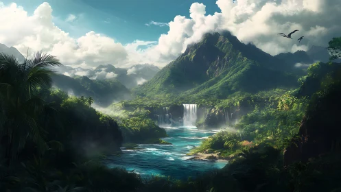 Verdant mountain sanctuary with cascading river falls.