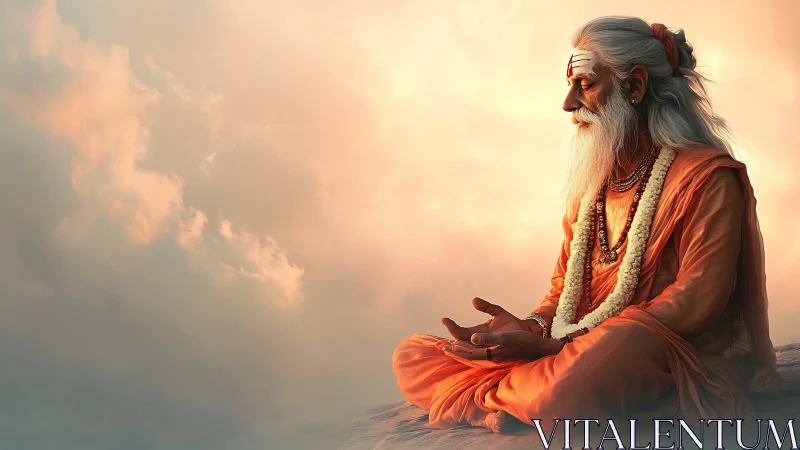 Meditating sage in orange robes under glowing sunset sky.