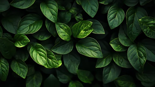 Dense green foliage with overlapping leaves in soft light.