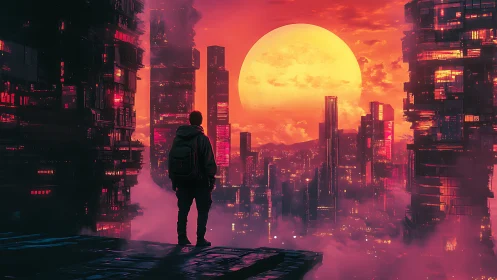 Silhouetted figure overlooks neon city under oversized sun