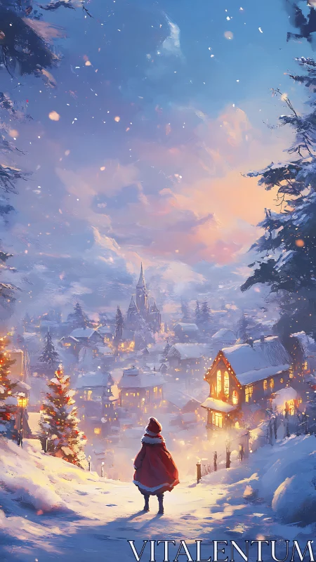 Snowy Christmas village glows under a soft winter sunset.
