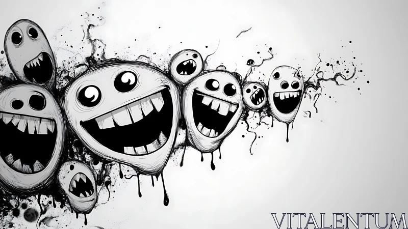 Monochrome ink surreal smiley swarm with splatter dynamics.