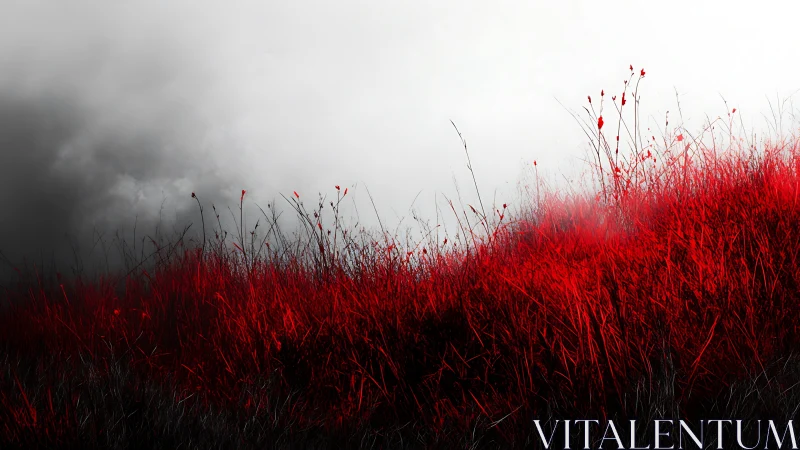 Scarlet hillside of wild grass contrasts with stormy sky.