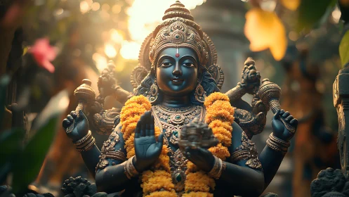Golden light surrounds serene Hindu deity statue in prayer