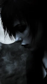 Moonlit goth profile immersed in shadowed mistscape.