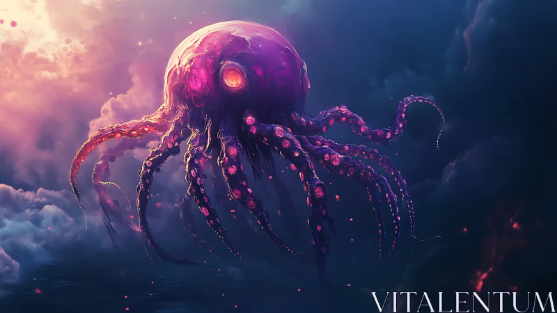 Gentle cosmic octopus drifting through glowing twilight sky.