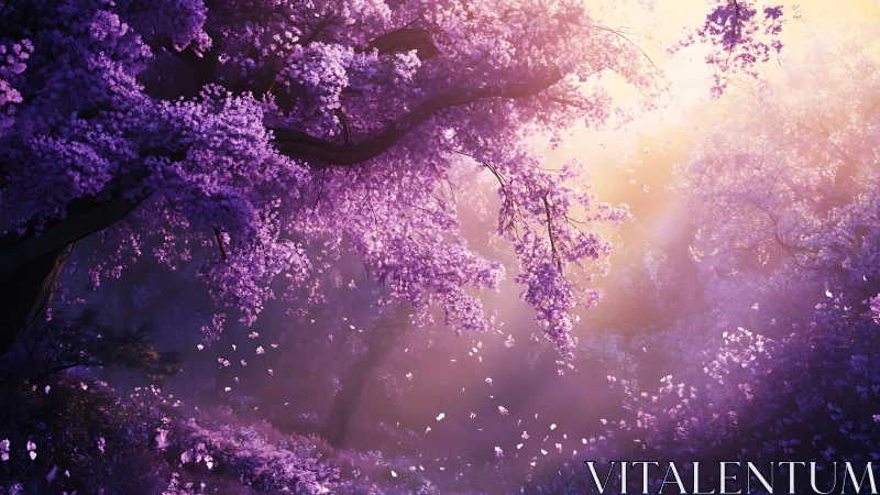Digital painting of luminous violet blossom canopy at dusk.