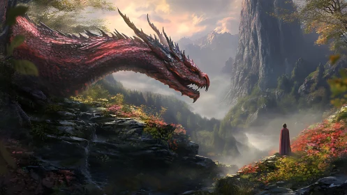 Scarlet dragon meets lone wanderer in a misty valley.