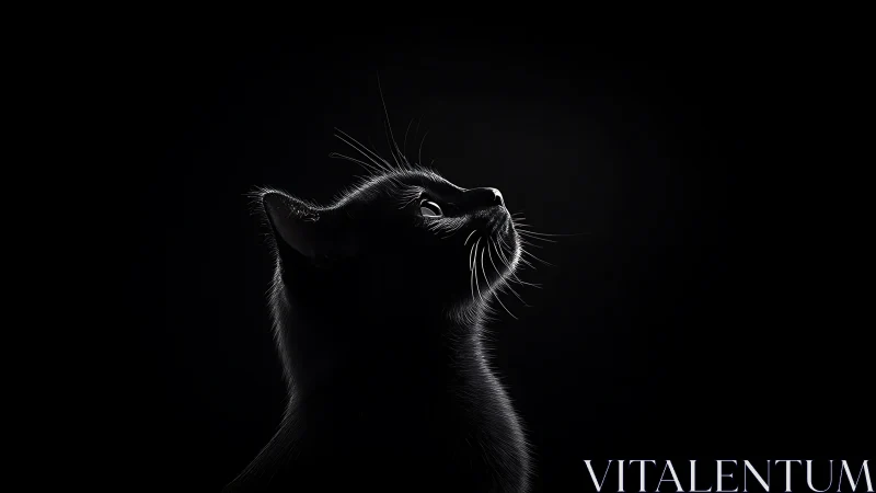Cat looking upward against black background in profile