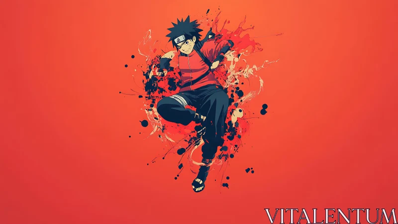 Scarlet splash whirlwinds around a leaping ninja silhouette