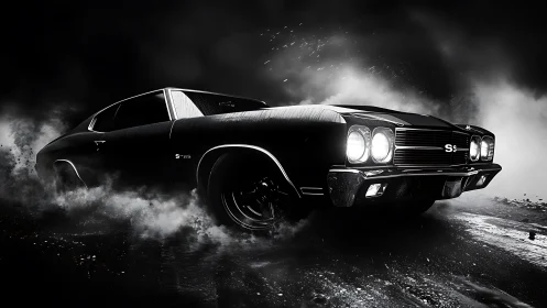 Classic muscle car moves through wet ground in low key light