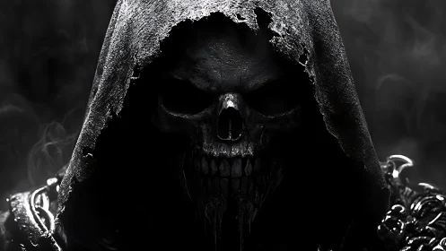 Hooded deathmask leans from the smoke, grinning into shadow