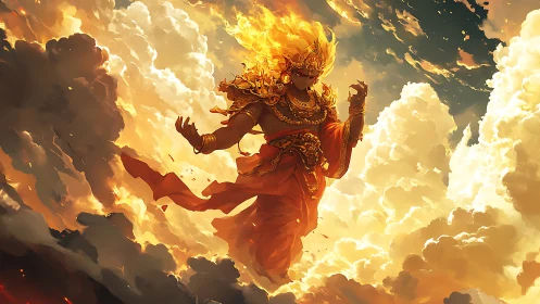 Fiery sky deity ascending through blazing celestial clouds.