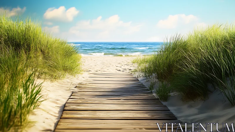 Wooden boardwalk through sand dunes toward calm sea.