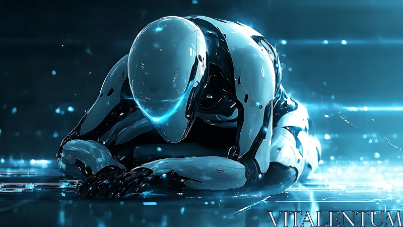 Kneeling chrome android glows within cold neon datascape