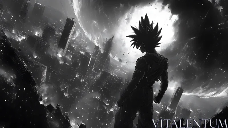Anime silhouette over monochrome apocalyptic skyline panorama.