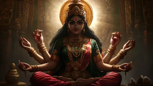 Radiant multi-armed goddess sits in serene golden splendor