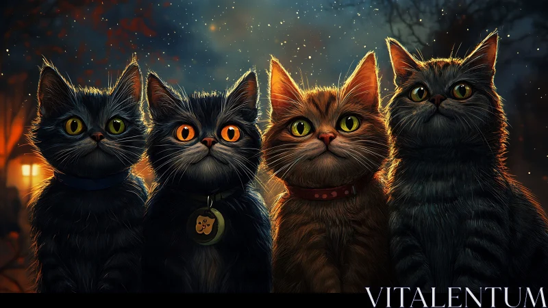 Four Mystical Cats with Luminous Eyes Against Starlit Night.