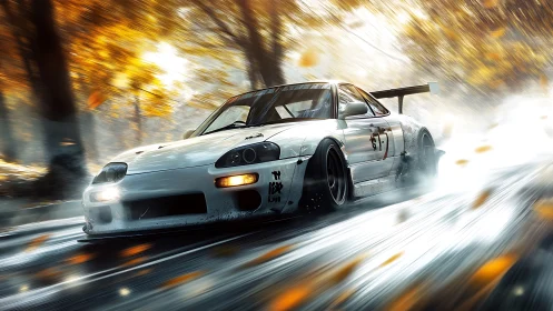 Turbocharged drift car slices through fiery autumn forest.