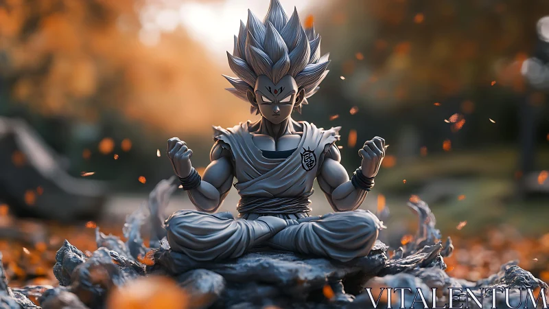 Meditating anime warrior in autumn energy field.