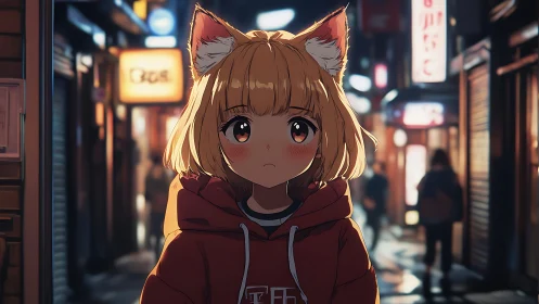 Cat-eared character in red hoodie on night city street.