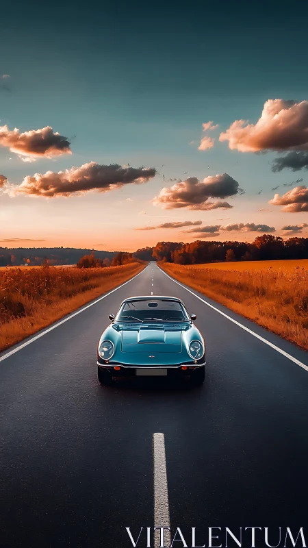 Sunset highway crowns a teal classic racing toward tomorrow.
