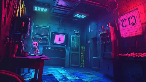 Neon lit control room reveals eerie robotic bunny workstation