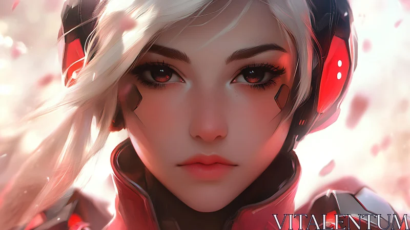 Cyberpunk portrait of armored female pilot, close frontal view.