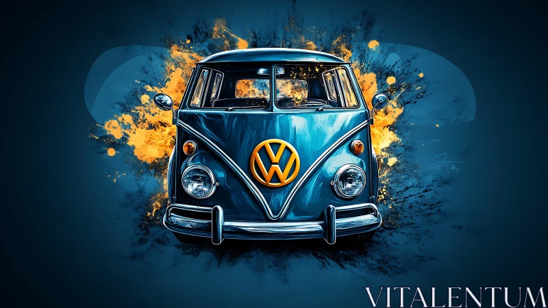 Retro blue van bursts from vivid orange paint splashes.