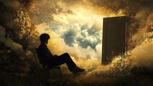 Dreamer at the luminous doorway between clouds and earth.