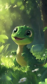 Sunlit stylized hatchling reptile in shallow depth forest meadow.