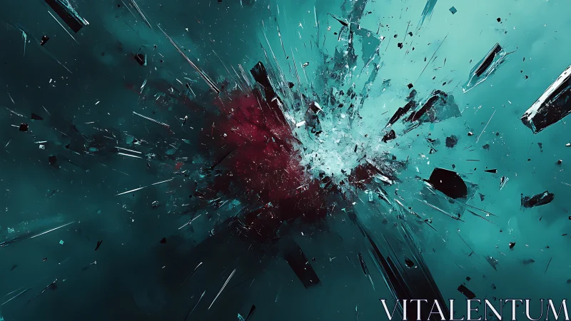 Shattered glass fragments radiate outward across teal space