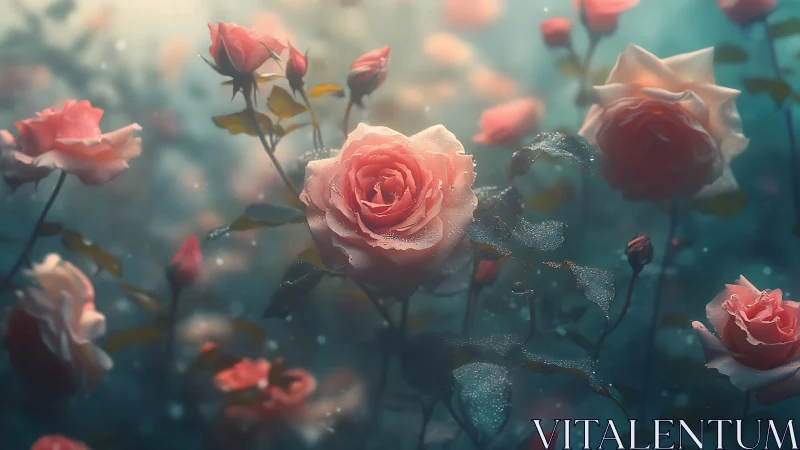 Dreamlit rose garden drifting in soft morning glow.