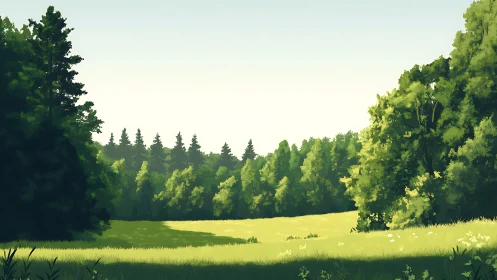 Sunlit Temperate Forest Clearing with Broadleaf Canopy Architecture