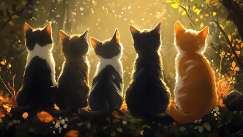 Five Cats in Golden Forest Light.