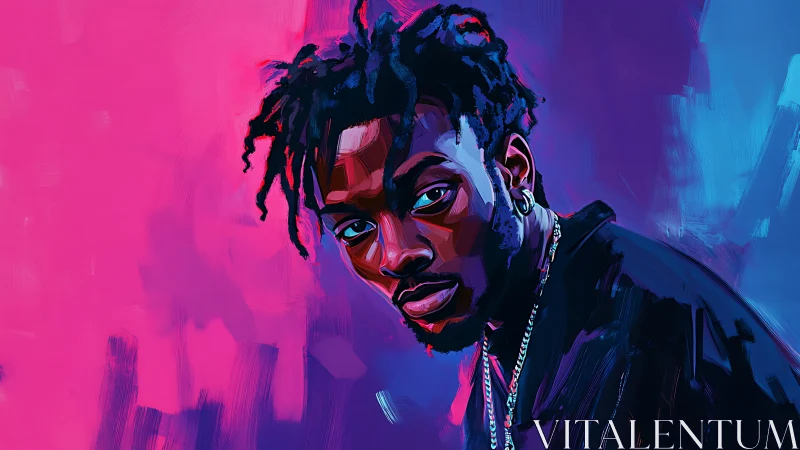 Neon-lit portrait captures confident gaze in bold strokes.
