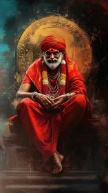 Elderly holy man in red robes sits before circular halo backdrop
